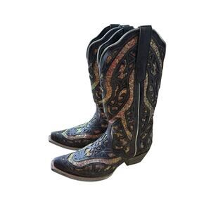 JB Dillon Black Glitter Silver Pink Sparkle Cowgirl Boot 10B Wedding Bride Party